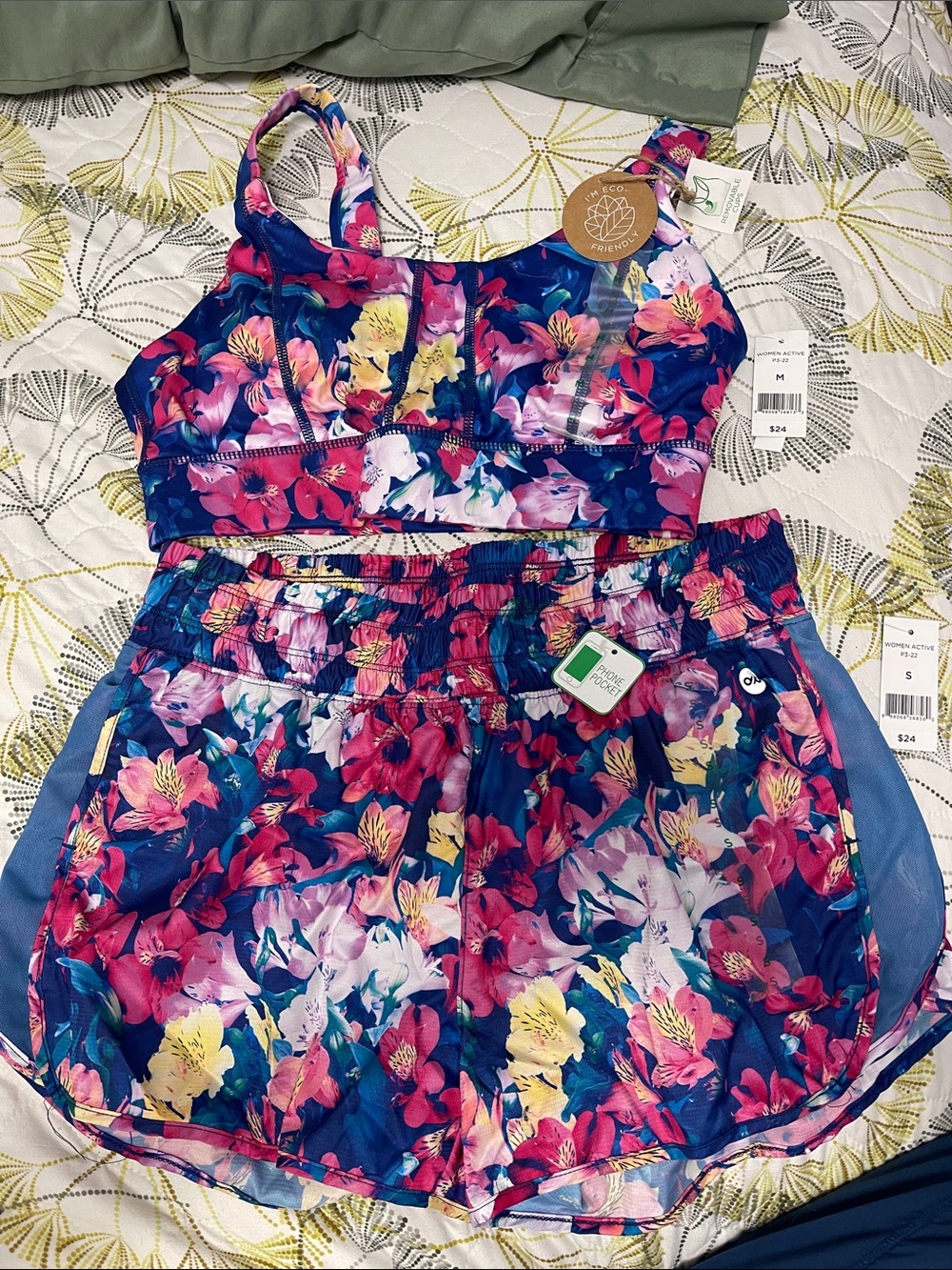 Floral Active Shorts and Sports Bra Set - Blue/Pink